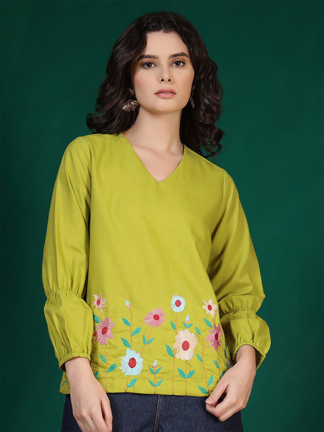 casual bishop sleeve embroidered women top