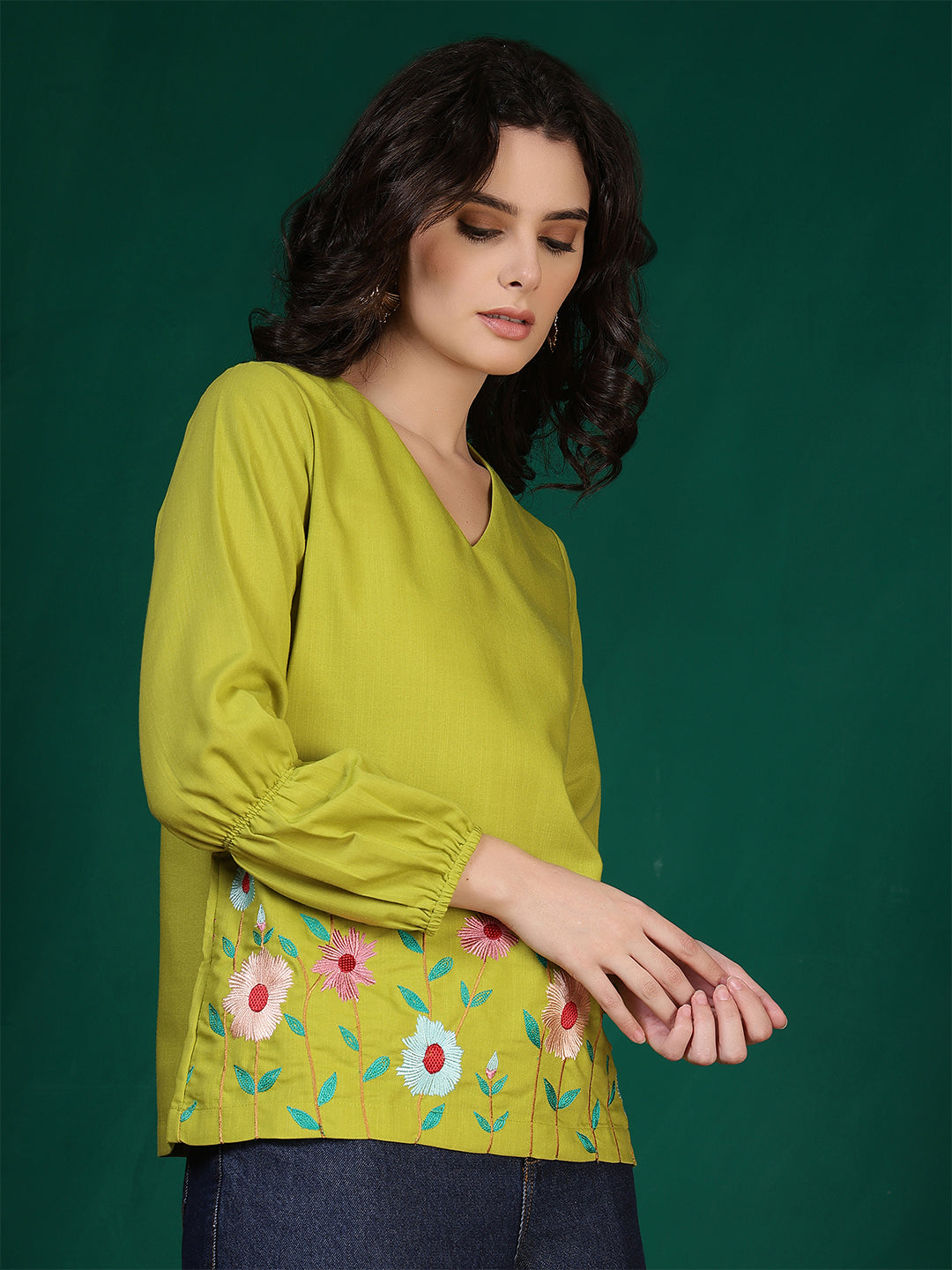 casual bishop sleeve embroidered women top
