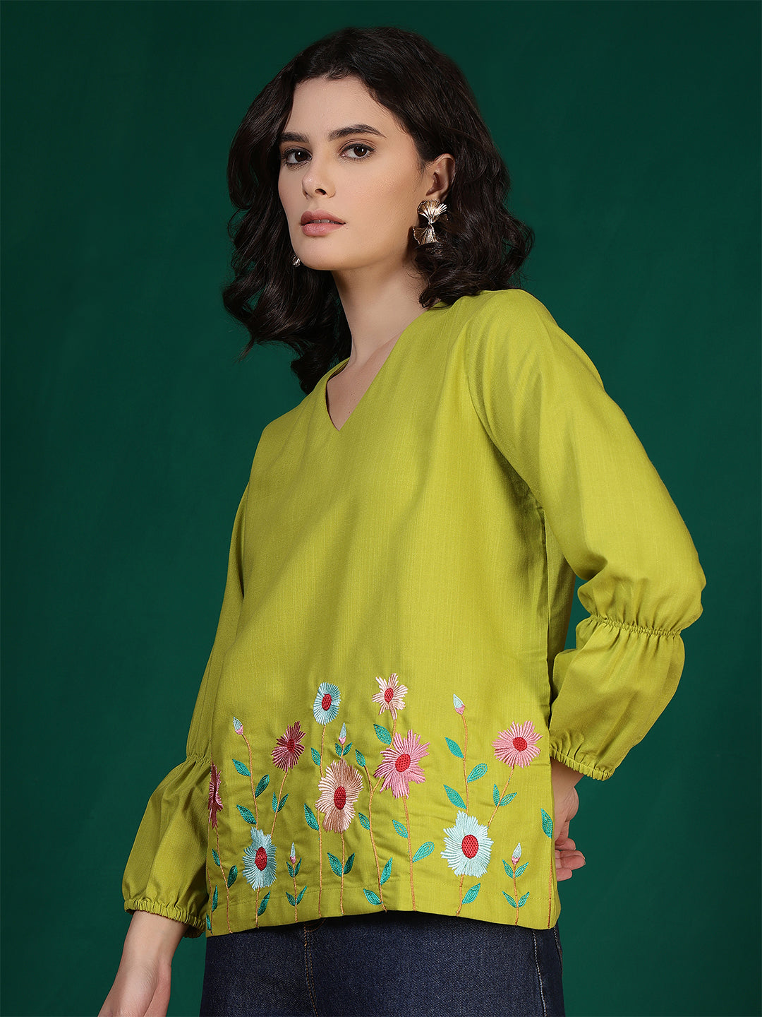 casual bishop sleeve embroidered women top