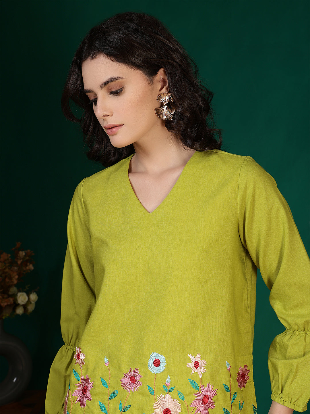 casual bishop sleeve embroidered women top