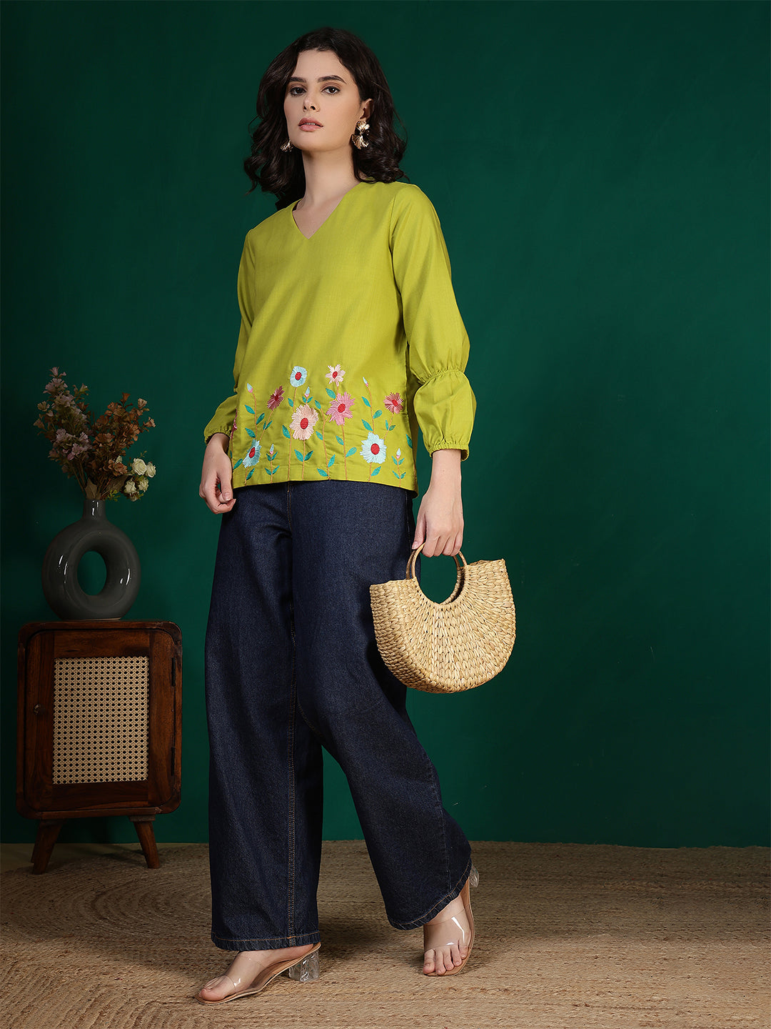 casual bishop sleeve embroidered women top