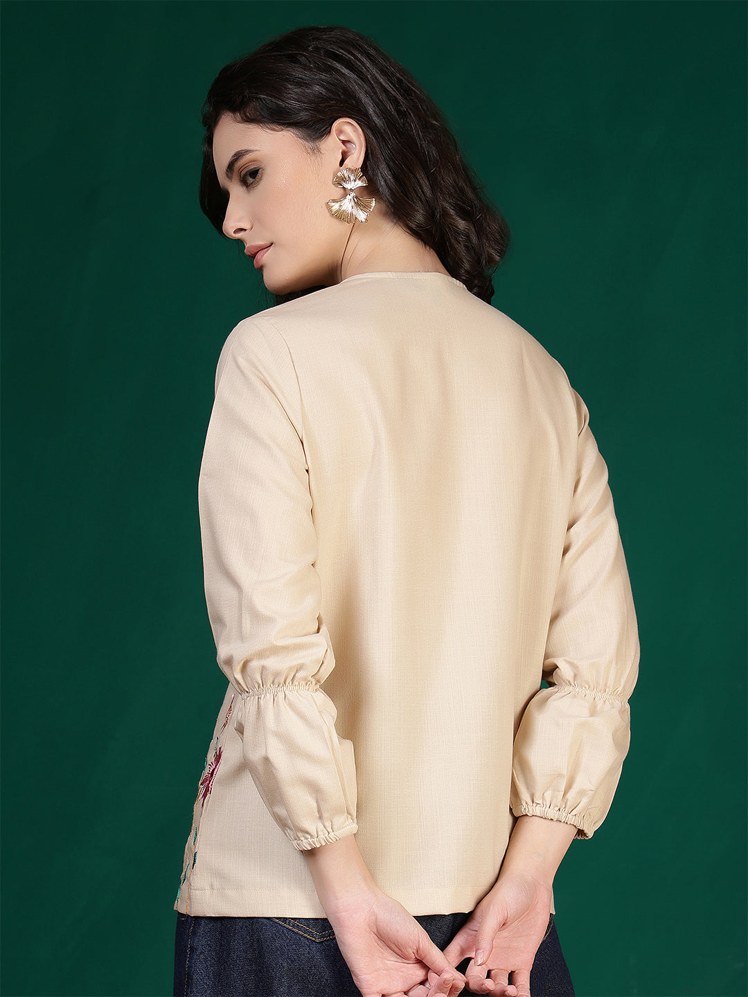 casual bishop sleeve embroidered women top