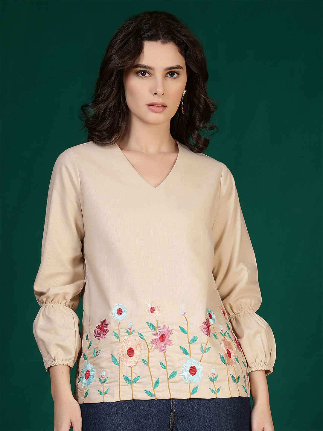 casual bishop sleeve embroidered women top