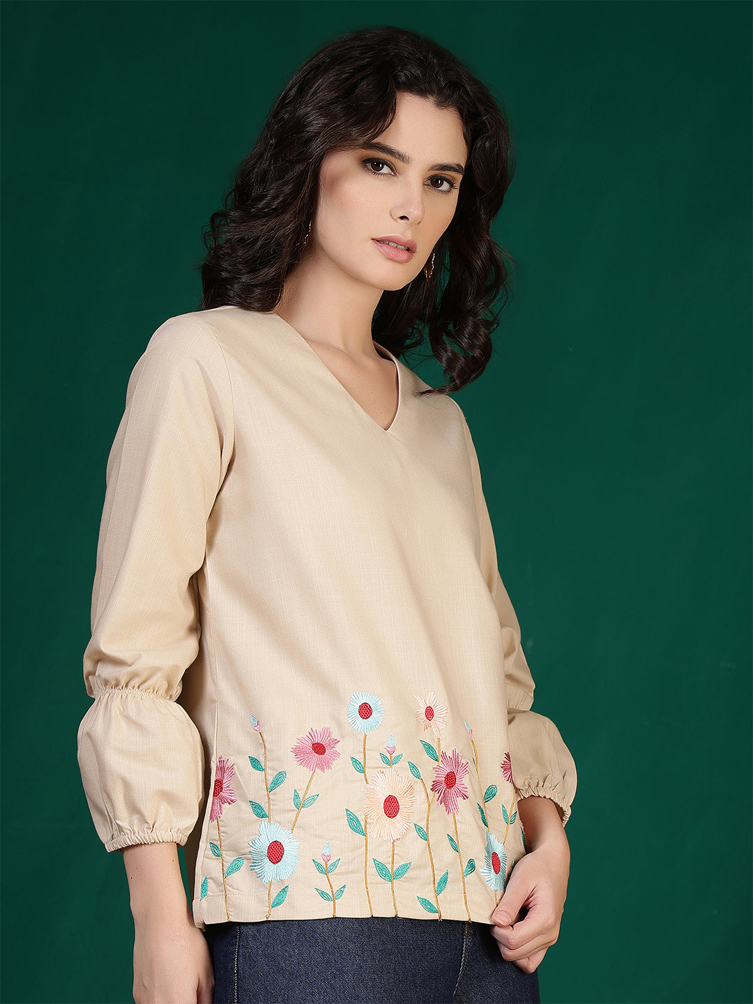 casual bishop sleeve embroidered women top