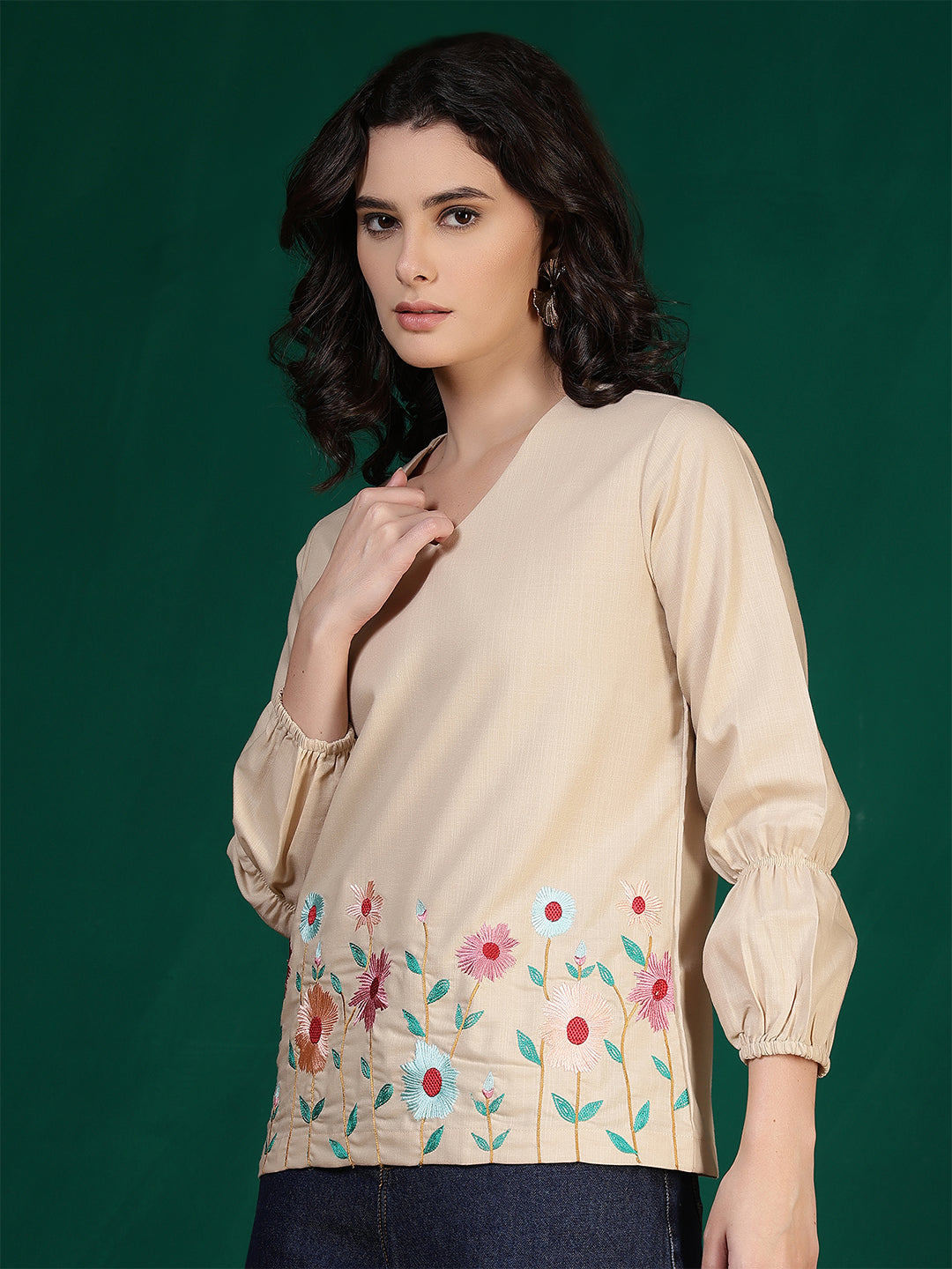 casual bishop sleeve embroidered women top