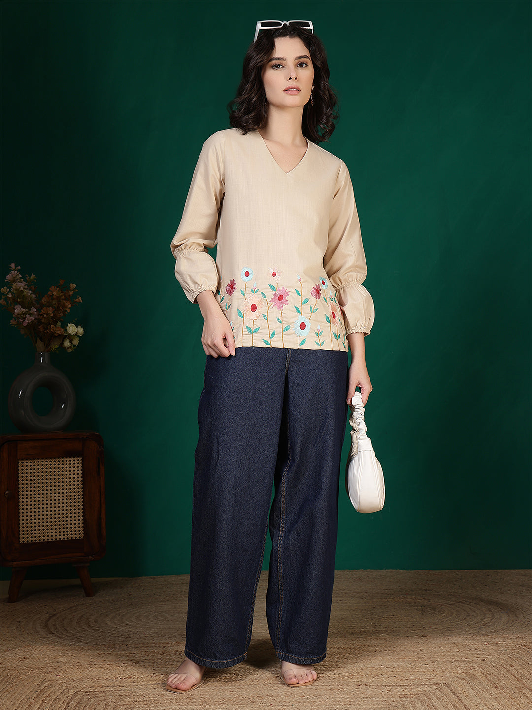 casual bishop sleeve embroidered women top