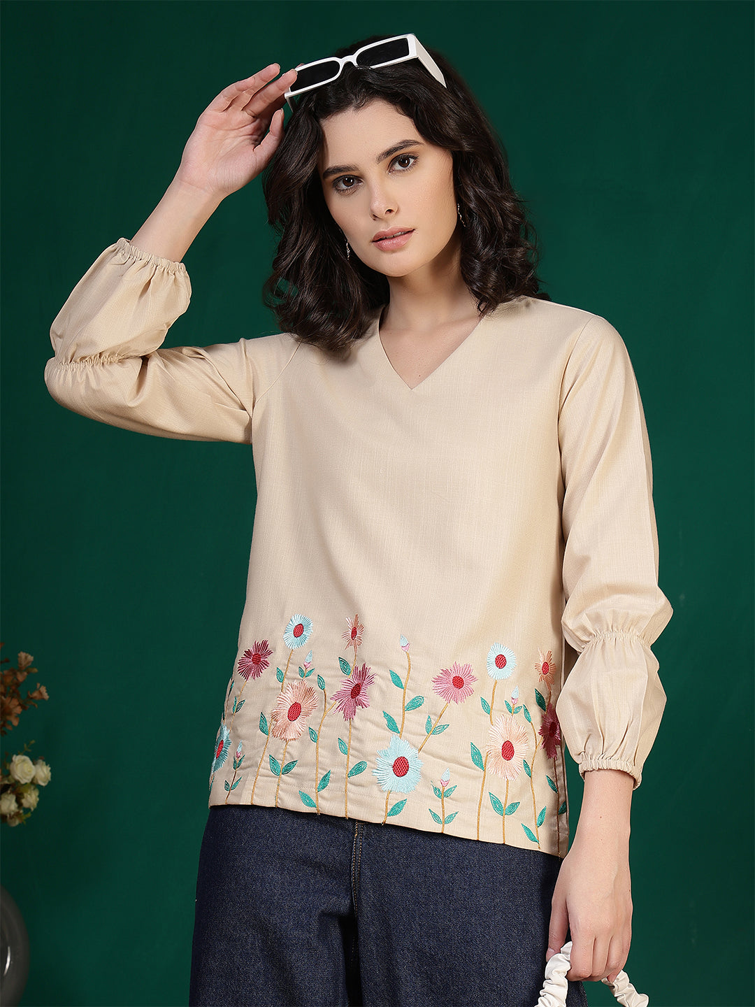 casual bishop sleeve embroidered women top