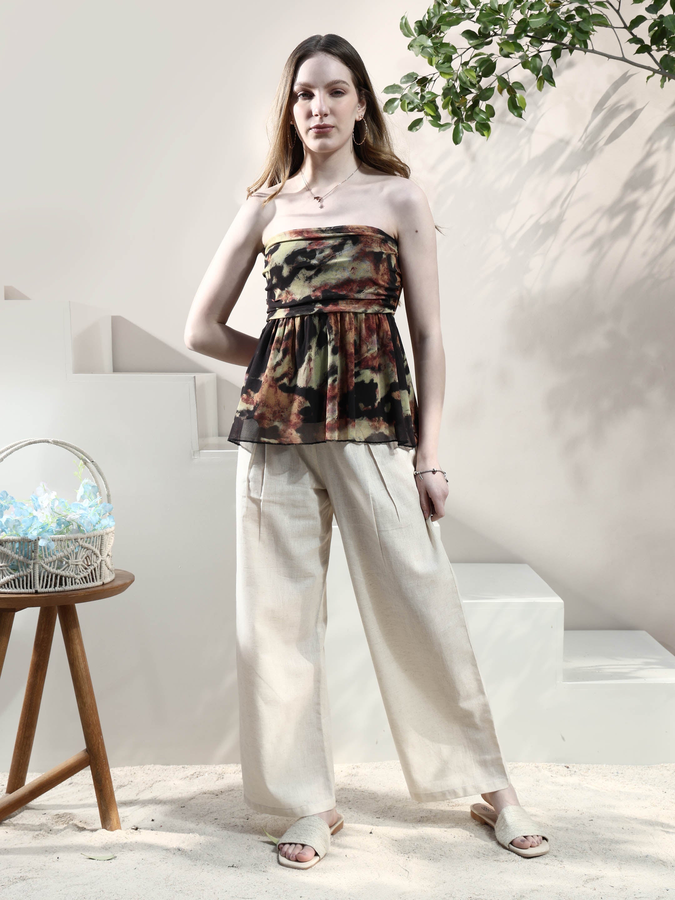 tie and dye print off shoulder net peplum top