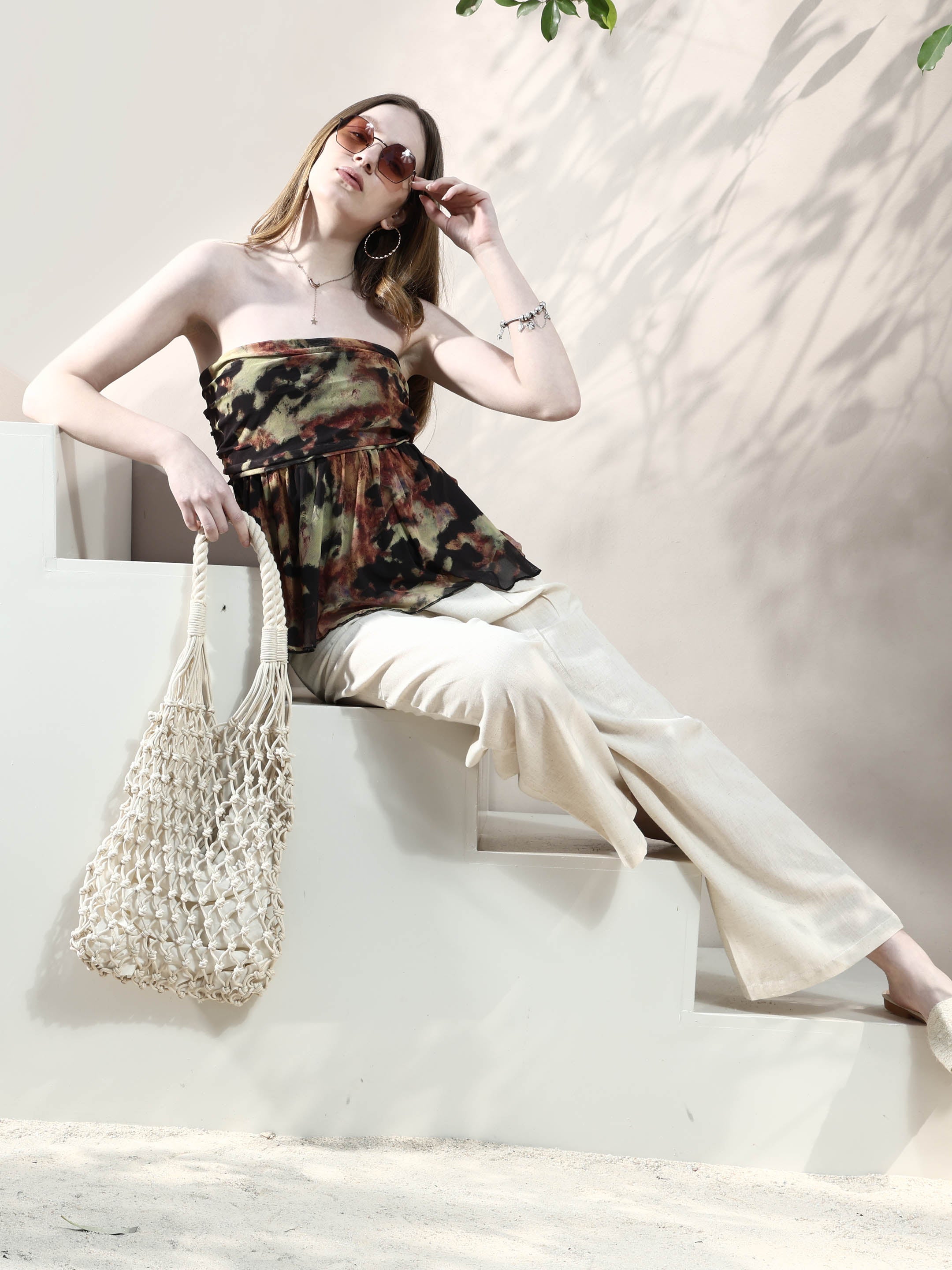 tie and dye print off shoulder net peplum top