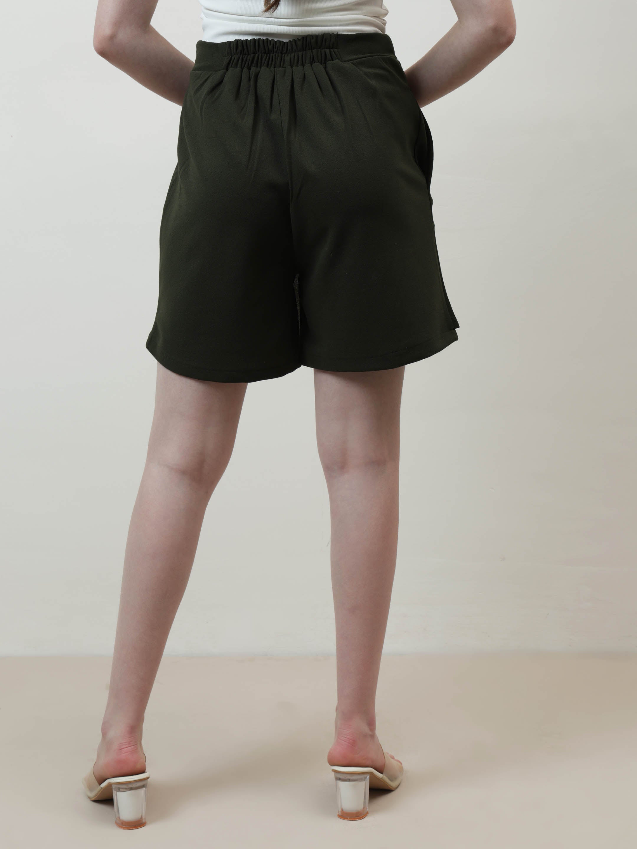 athena olive green solid mid rise regular shorts