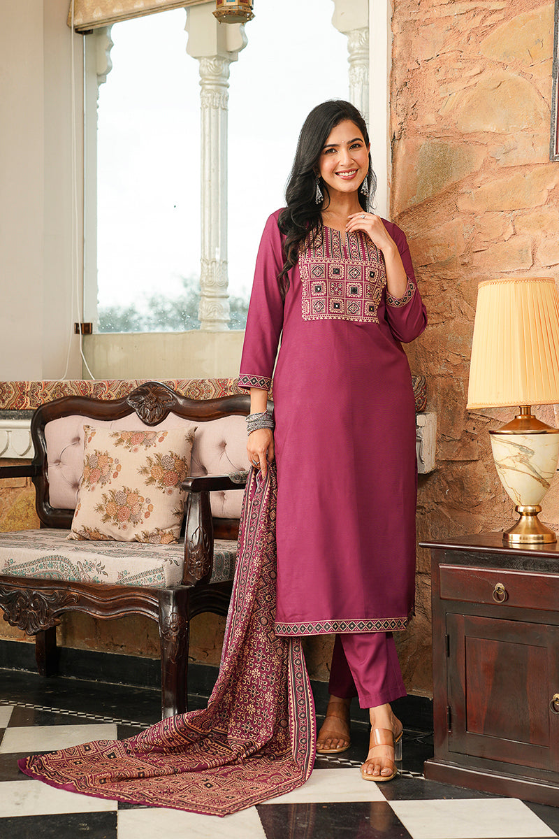 purple rayon blend ajrakh printed straight kurta trousers with dupatta 