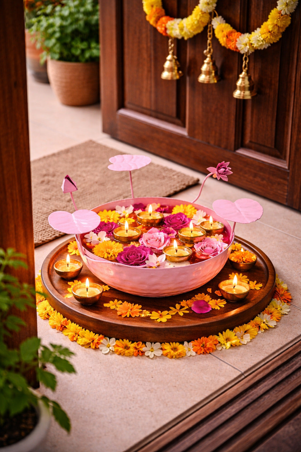 galvanized metal urli bowl for floating flowers candles decorative urli with lotus stems for home festival decor pink