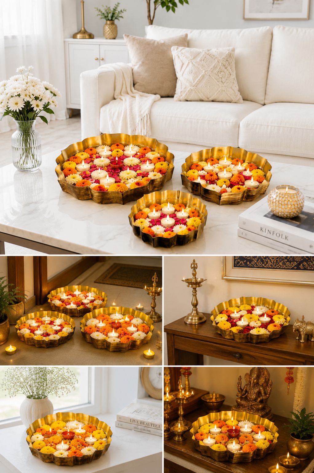 premium decorative urli bowl set of 3 embossed hammered metal floating flower bowls antique gold finish for diyas candles pooja diwali weddings festivals home decor