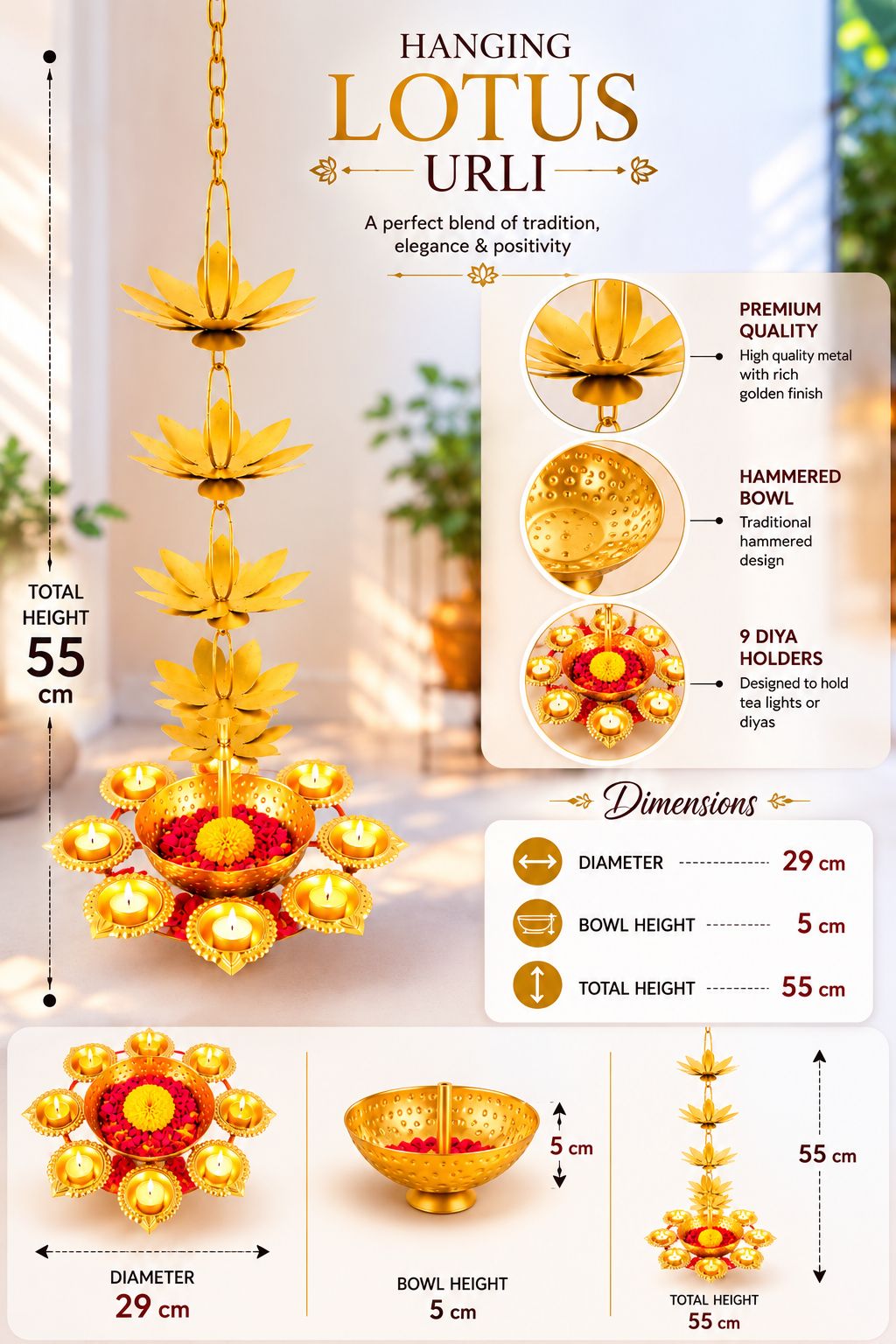 premium hanging lotus urli with 9 diya holders decorative metal hanging urli for floating flowers candles water decor traditional hanging diya urli for diwali pooja wedding home decoration