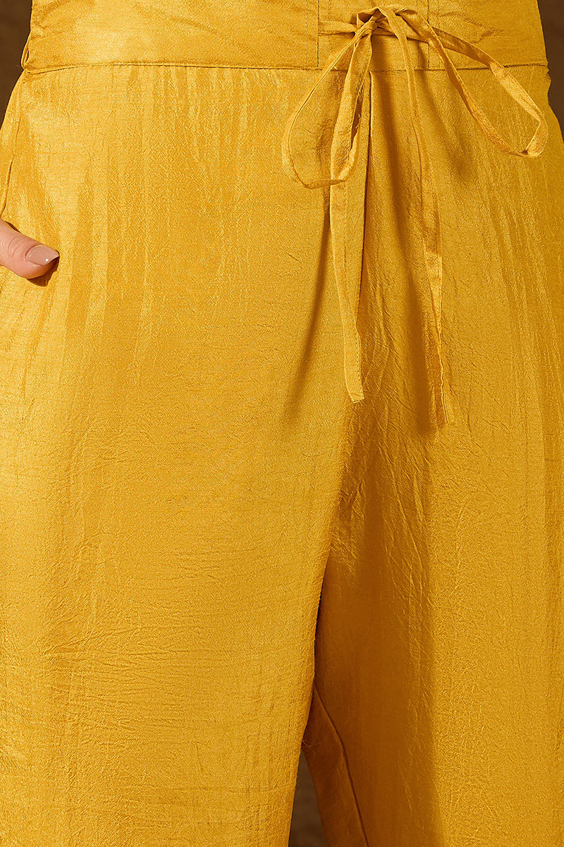 yellow silk blend solid embroidered a line kurta trouser with dupatta