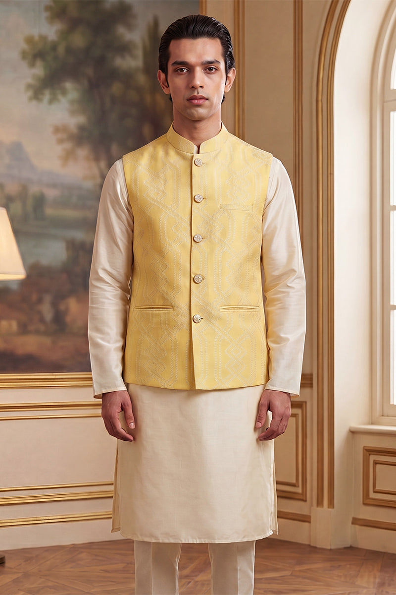 Mens Yellow Jacquard Woven Design Solid Koti