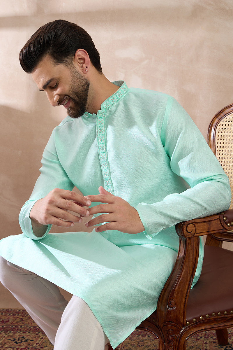 Teal Polyester Woven Design Mandarin Collar Straight Kurta MKU2016
