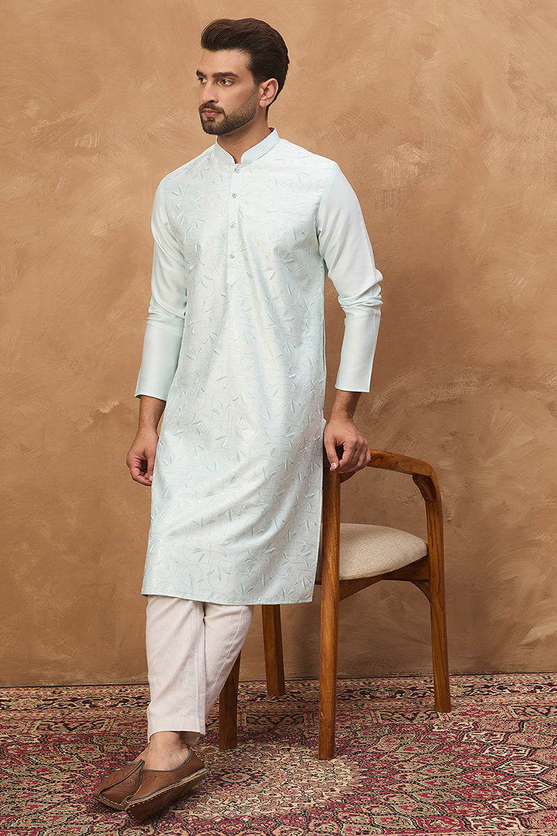 Blue Silk Blend Solid Embroidered Straight Kurta