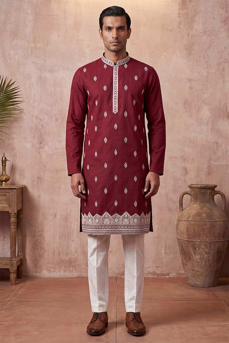 Silk Blend Maroon Solid Embroidered Calf Length Straight Kurta With Trousers