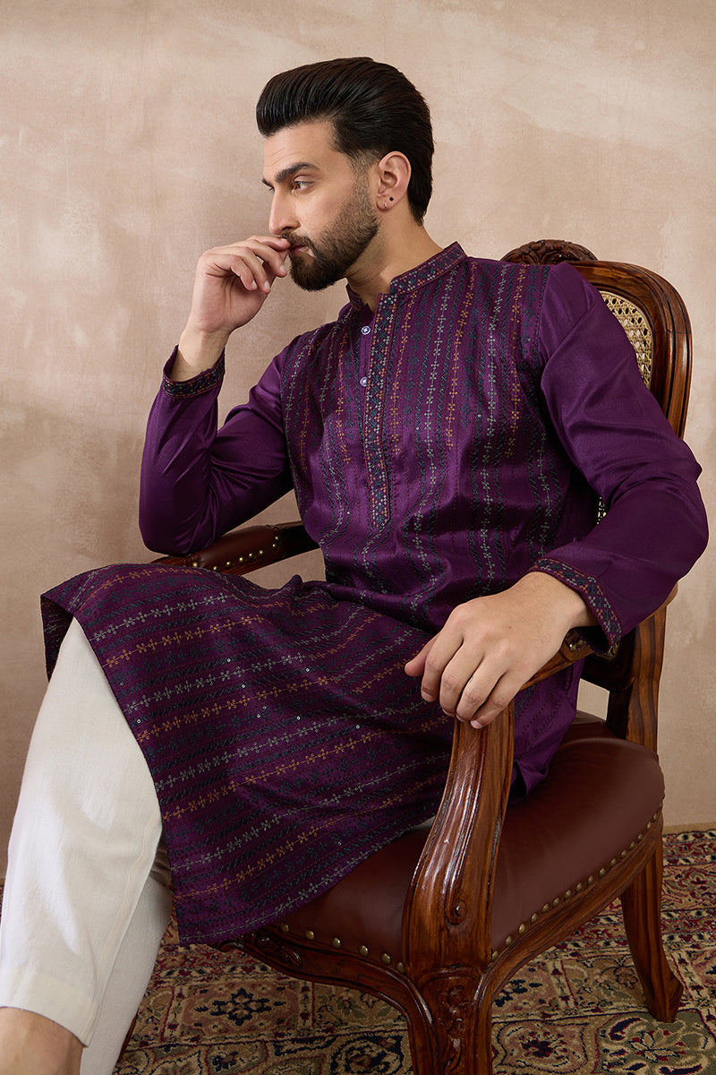 Purple Silk Blend Embroidered Mandarin Collar Straight Kurta