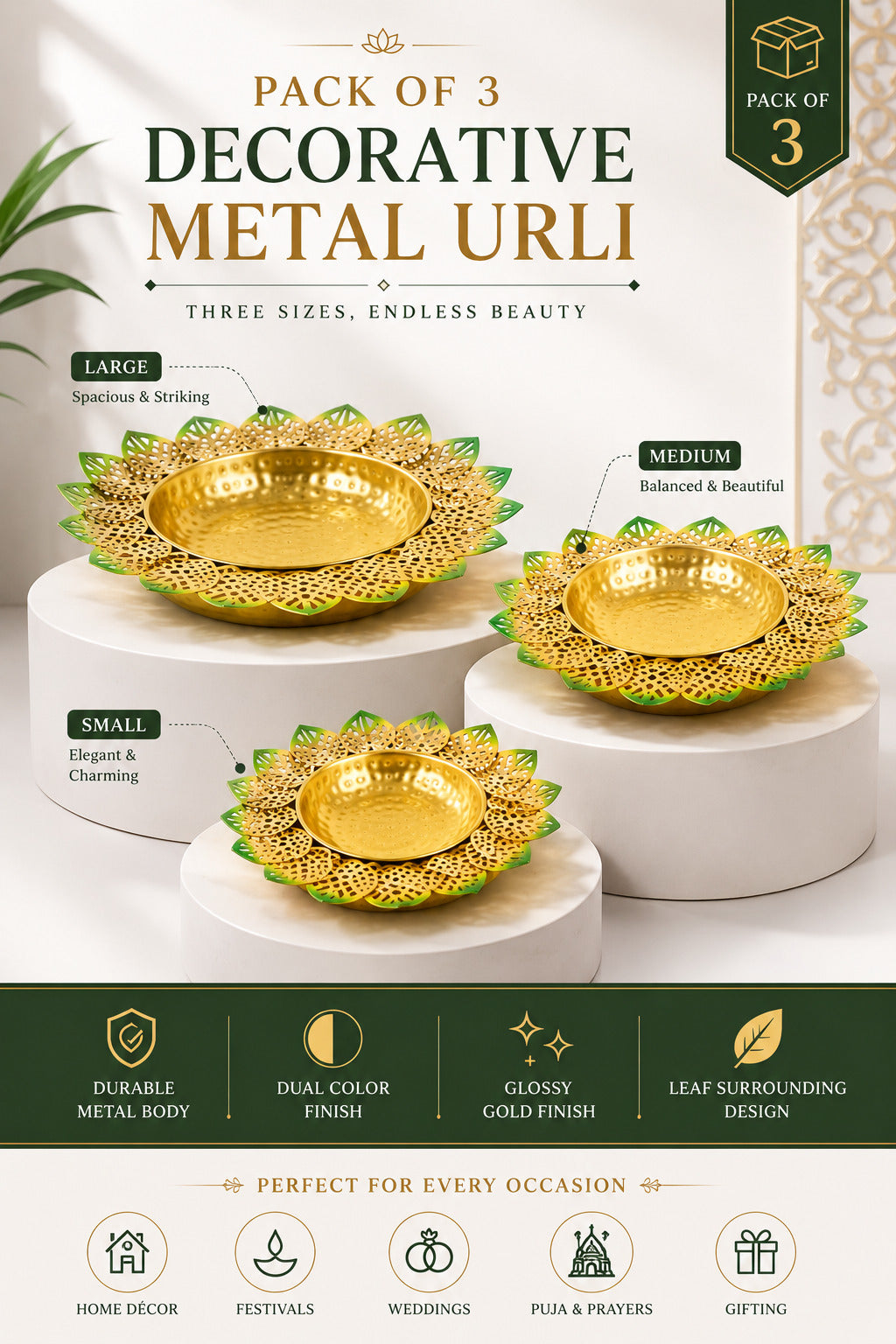 decorative lotus metal urli bowl set for floating flowers candles designer festival entrance decor set of 3 blue gold copy