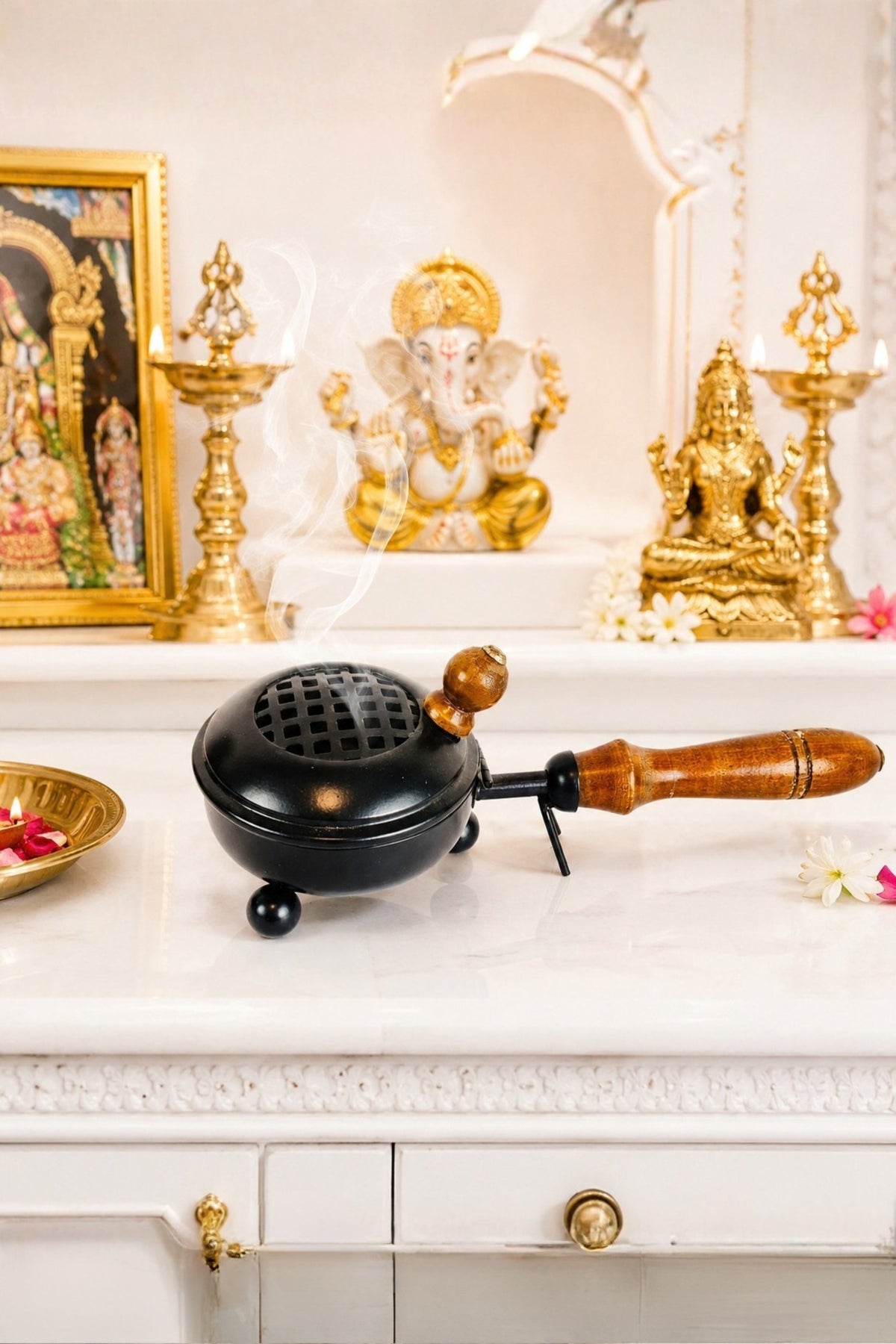 brass finish metal dhoop dani with wooden handle lid for pooja loban sambrani burning covered incense burner for home temple havan vastu premium festive gift item copy