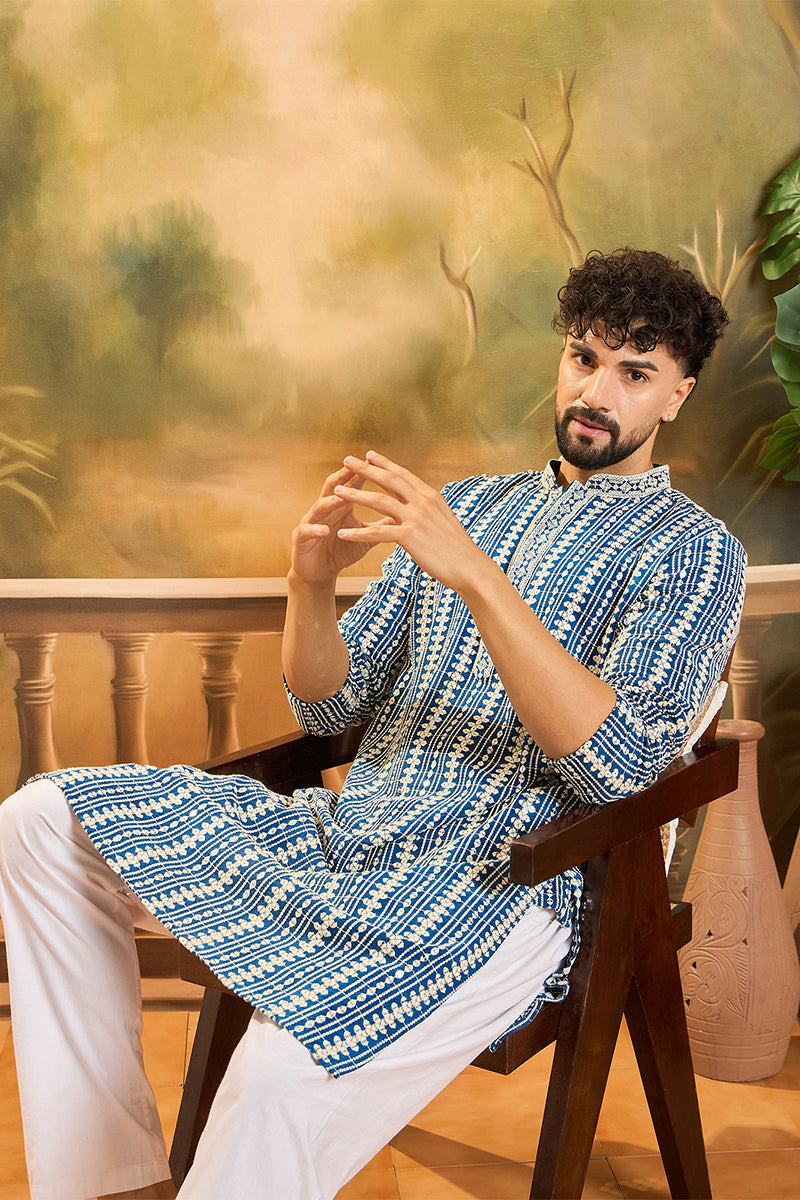 Blue Viscose Rayon Embroidered Straight Kurta