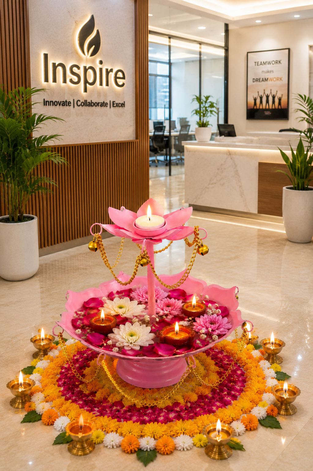 pink metal urli bowl with diya stand hanging chain design for floating flowers candles decorative centerpiece for diwali wedding home decor festive gifting