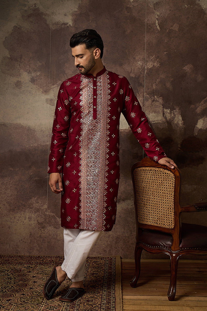 Maroon Silk Blend Solid Embroidered Straight Kurta With Pant Set