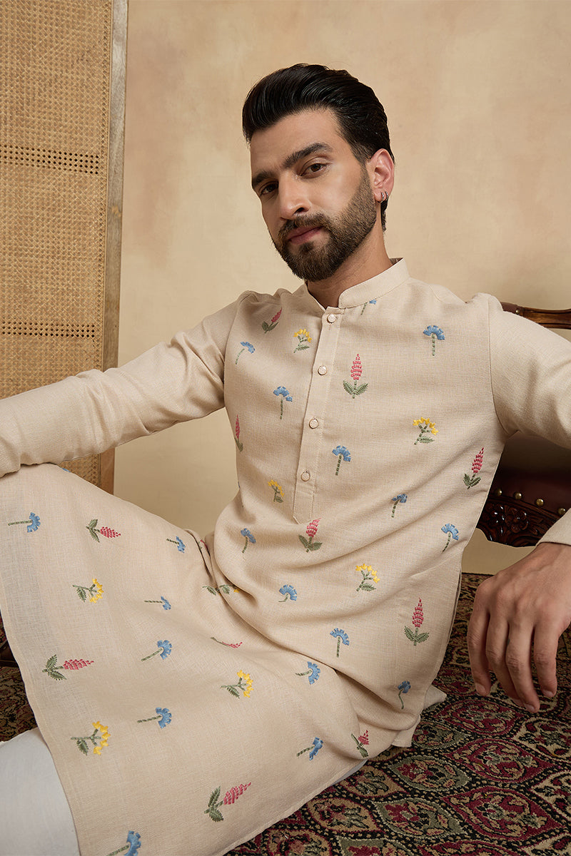 Mens Beige Linen Solid Embroidered Thread Work Kurta