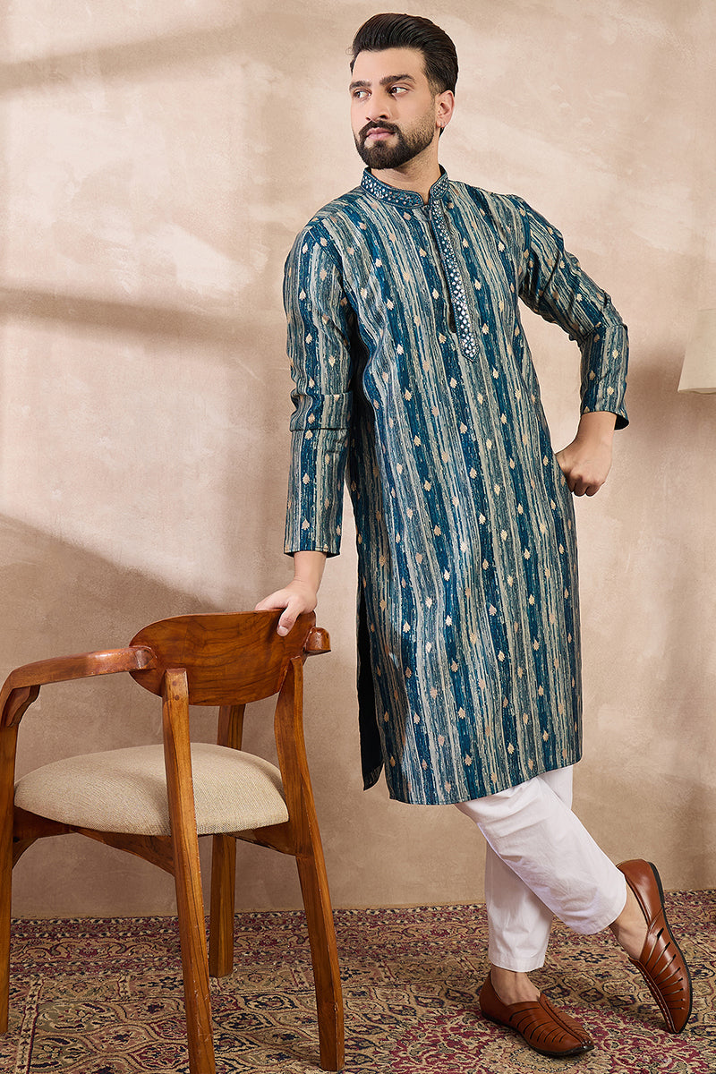 Turquoise Blue Silk Blend Abstract Printed Straight Kurta With Trouser