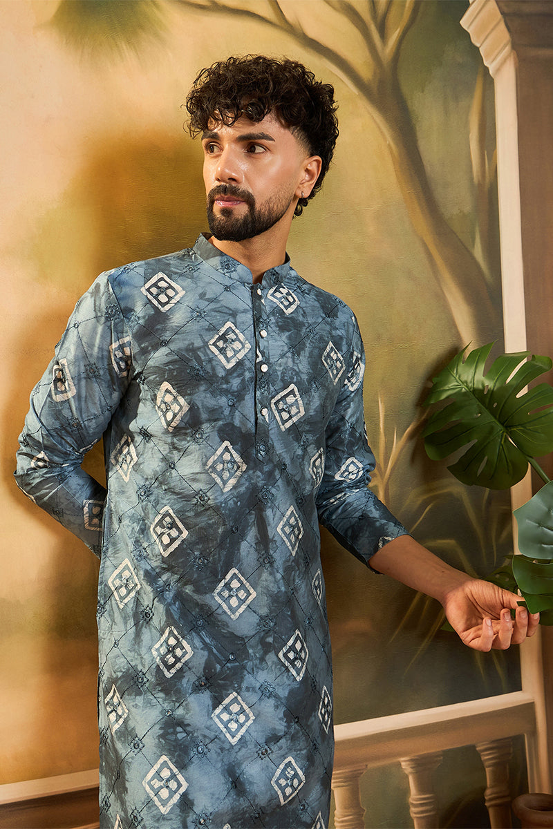 blue silk blend batik embroidered straight kurta with trouser