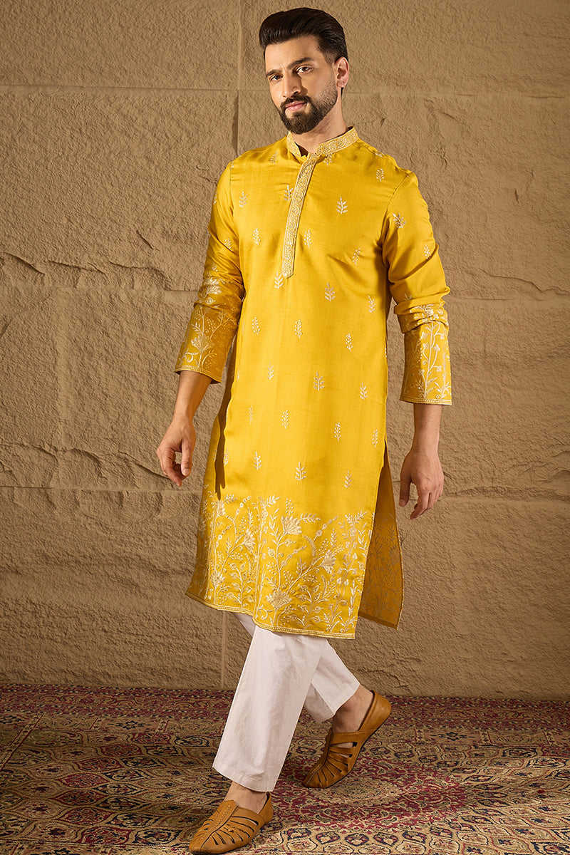 yellow chanderi silk solid embroidered straight kurta with trouser