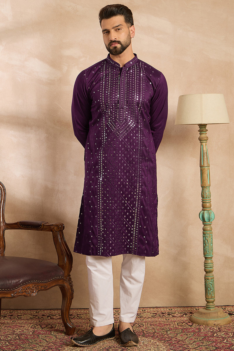 Purple Silk Blend Geometric Embroidered Straight Kurta With Trouser