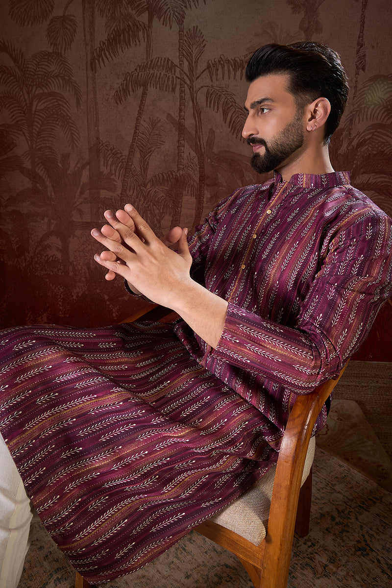Purple Silk Blend Striped Printed Straight Kurta With Trouser MKSET1905