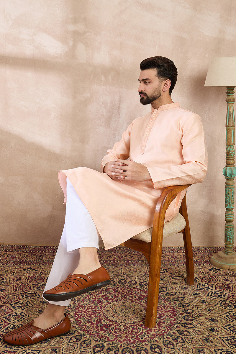 Peach Silk Blend Solid Embroidered Straight Kurta With Trouser