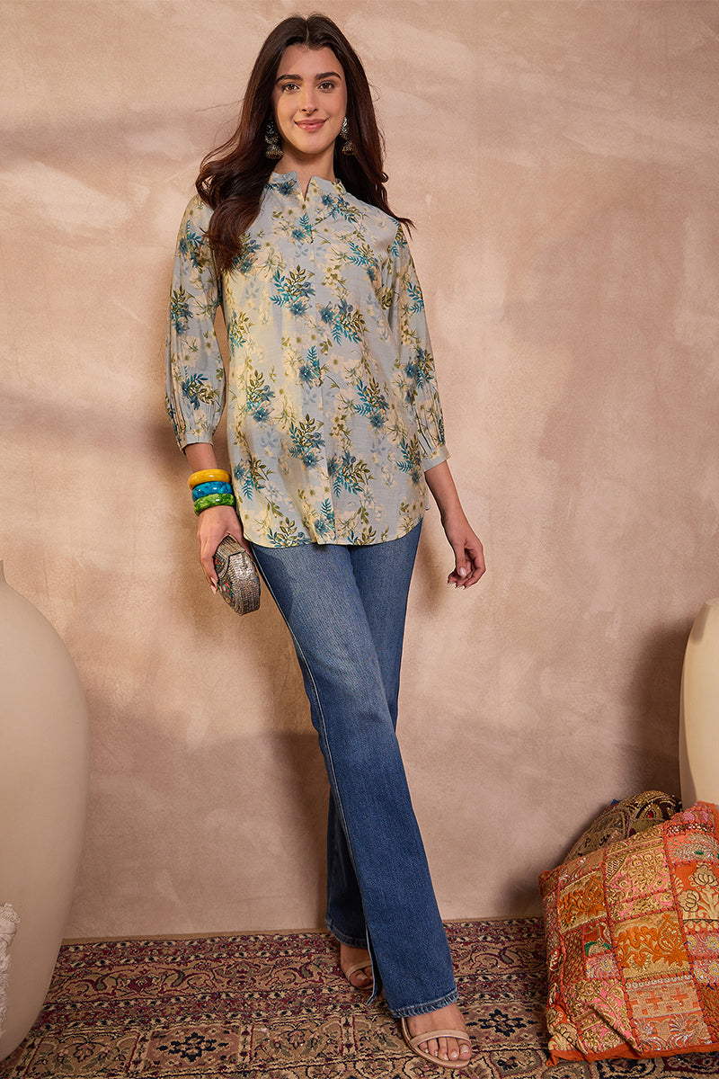 grey silk blend floral printed top