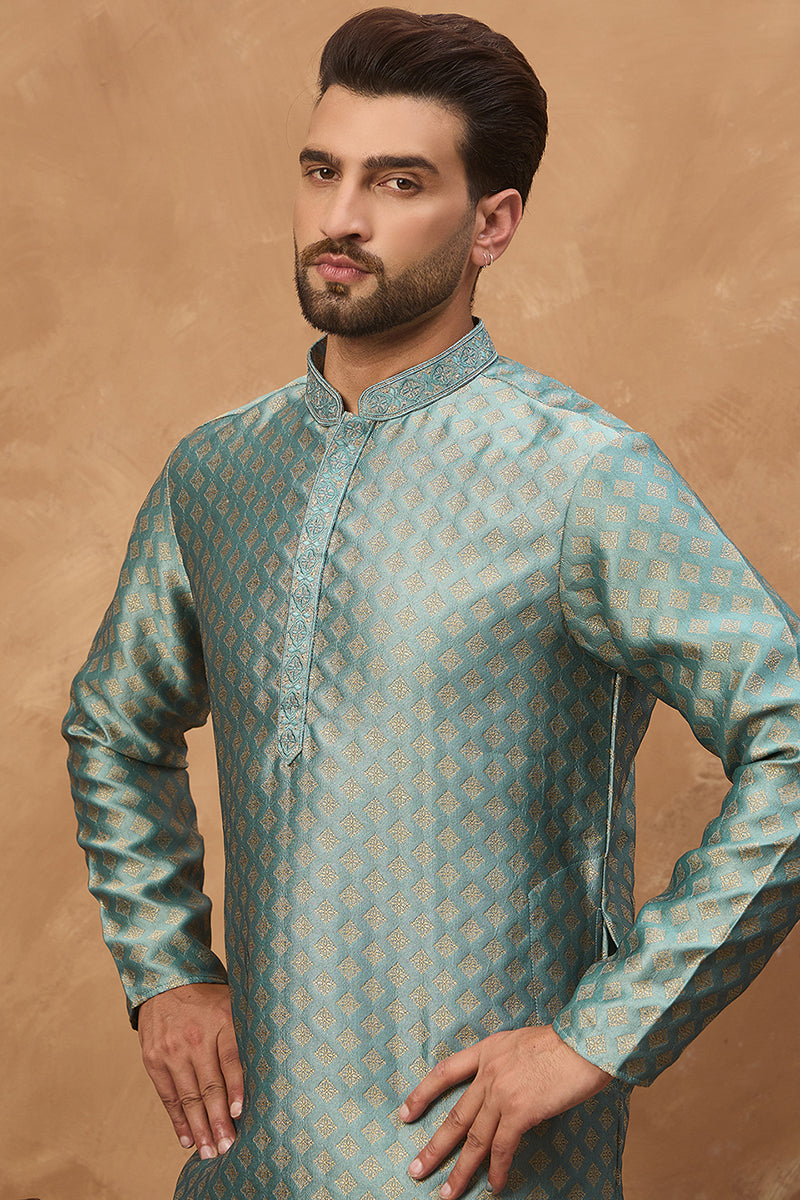 Blue Silk Blend Solid Woven Design Straight Kurta