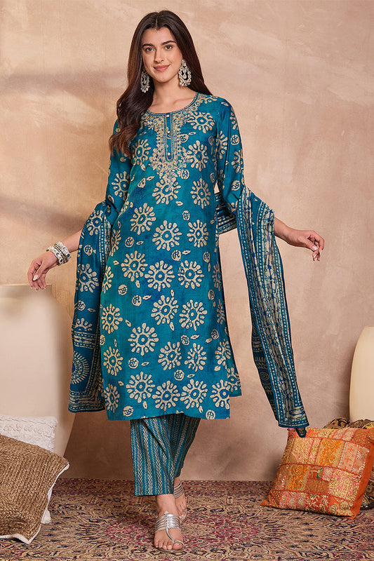 blue rayon blend floral printed straight kurta trouser with dupatta 