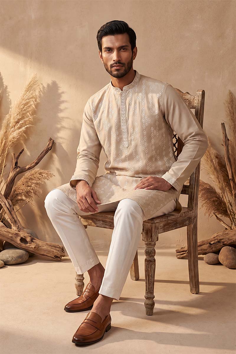 Mens Beige Silk Blend Solid Embroidered Kurta With Trousers MKSET2089