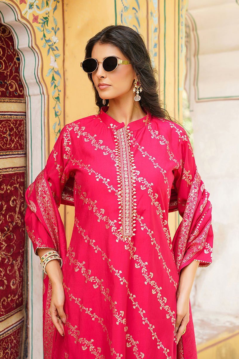 pink silk blend floral printed straight kurta trousers with dupatta