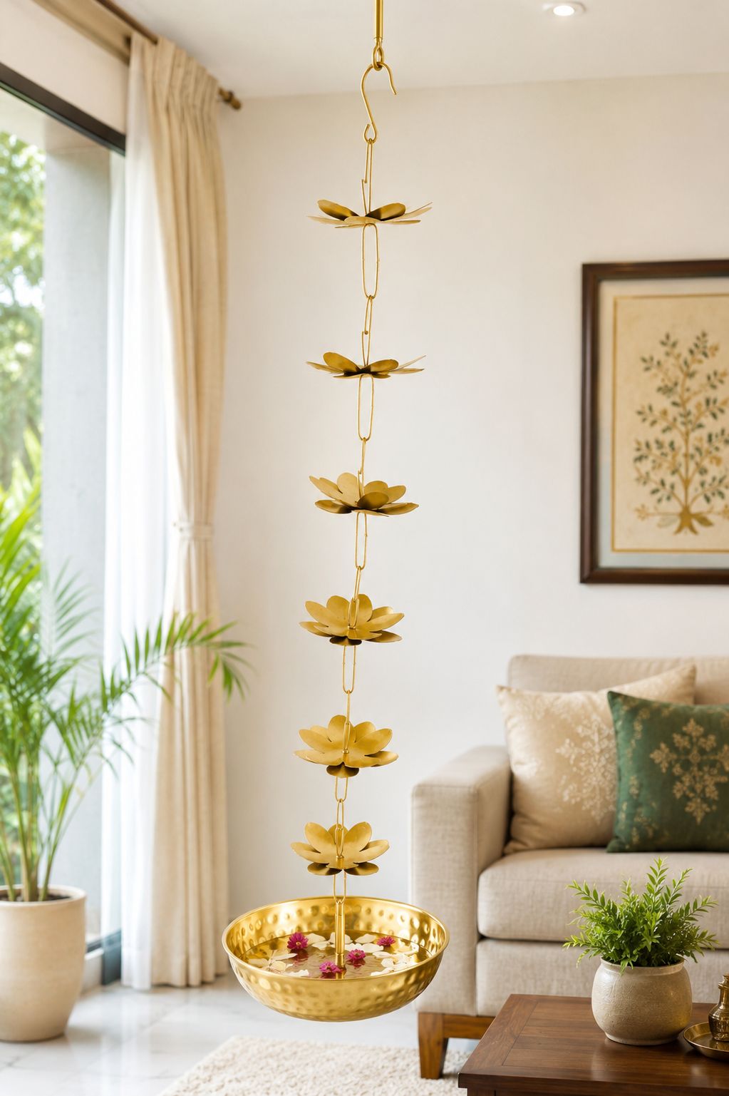 premium hanging lotus urli bowl with decorative flower chain handcrafted metal floating flower bowl for water candles tea lights hanging urli for diwali pooja wedding home decor