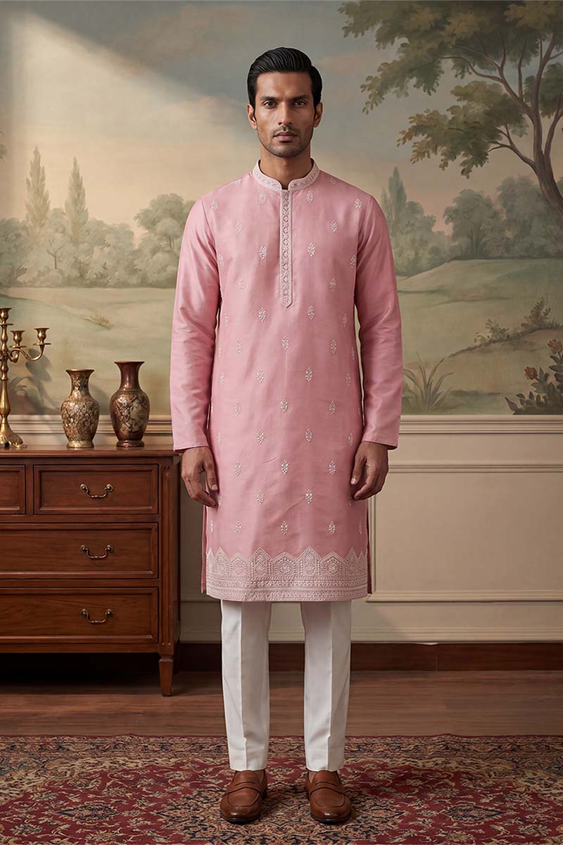 Silk Blend Pink Solid Embroidered Calf Length Straight Kurta With Trousers