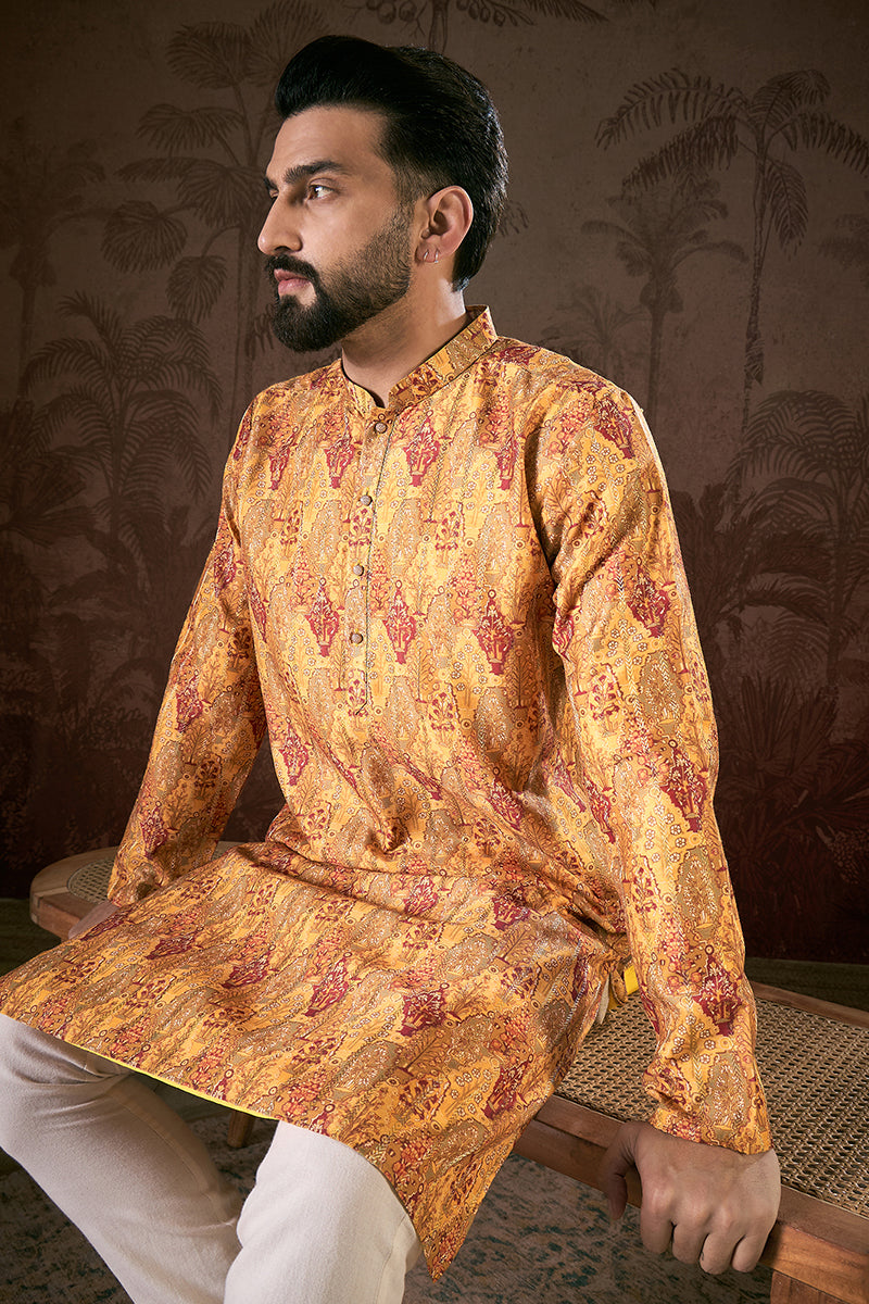 Mustard Silk Blend Ethnic Motifs Printed Straight Kurta