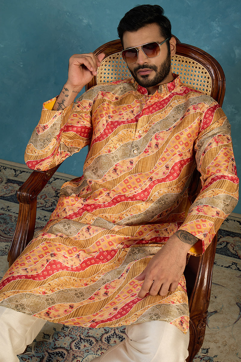 Yellow Silk Blend Printed Straight Kurta MKU2168