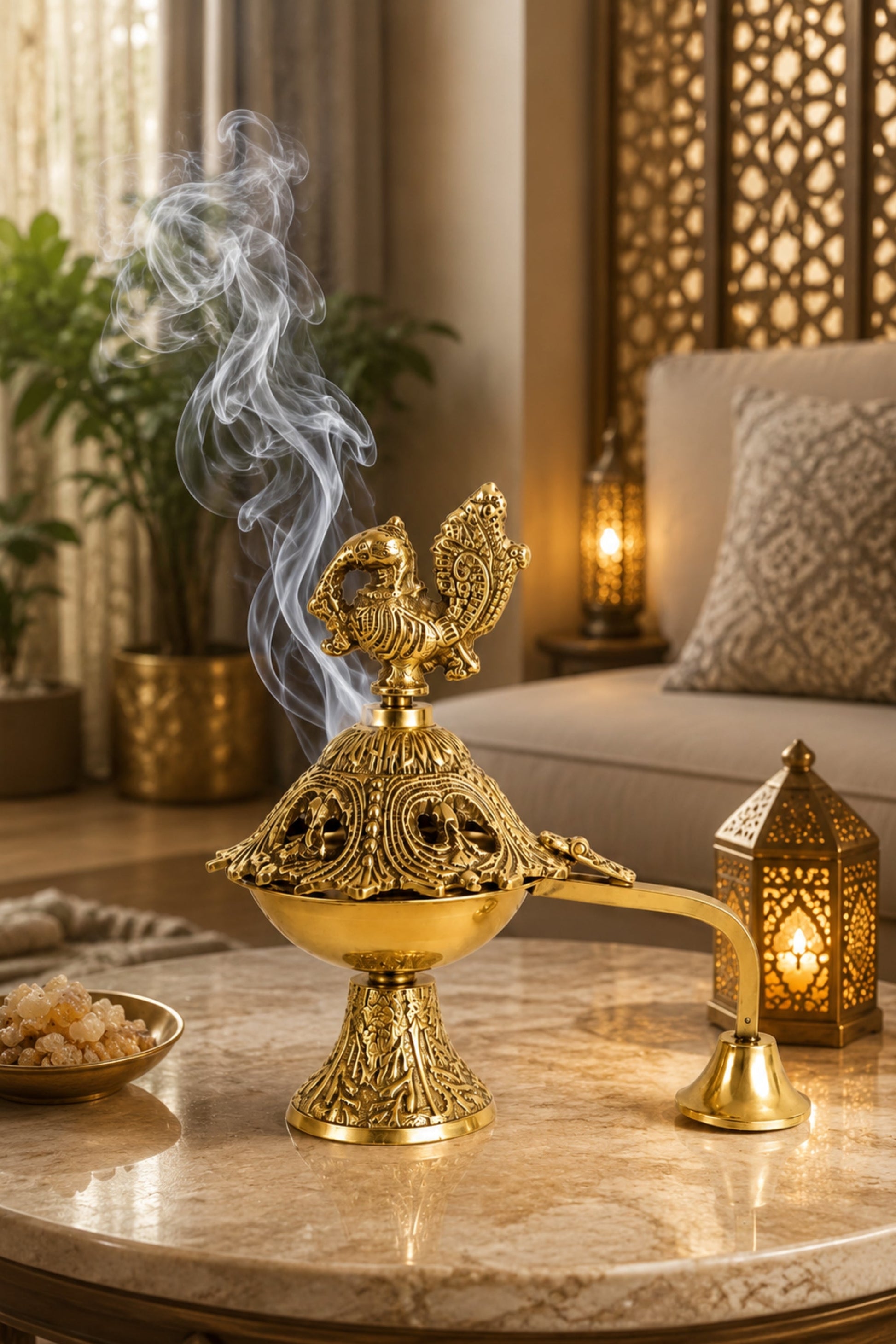 premium peacock brass incense burner with handle handcrafted brass dhoop dani for sambrani loban dhoop cups resin incense decorative pooja dhuni burner for home temple