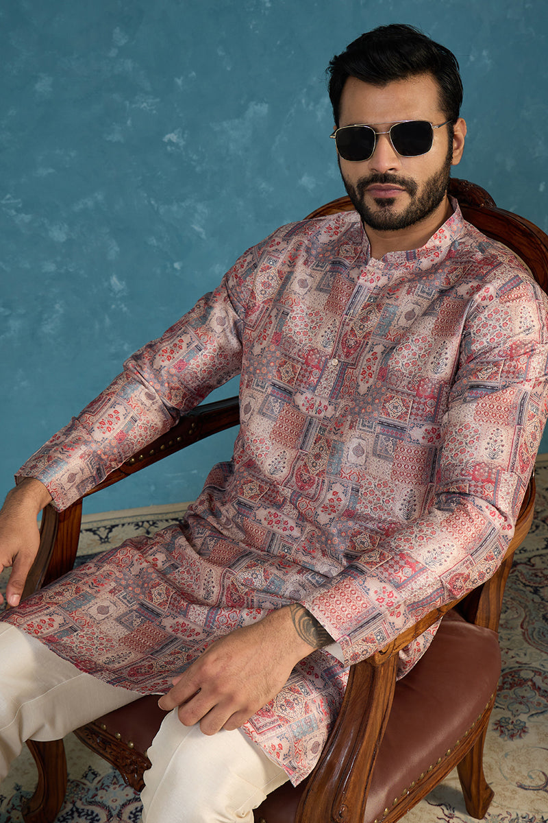 Multi Silk Blend Printed Straight Kurta
