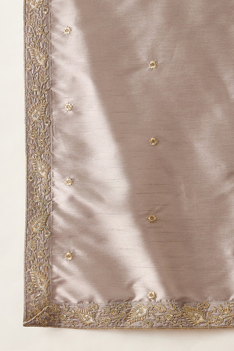 Men Grey Silk Blend Embroidered Ethnic Kurta with Dupatta