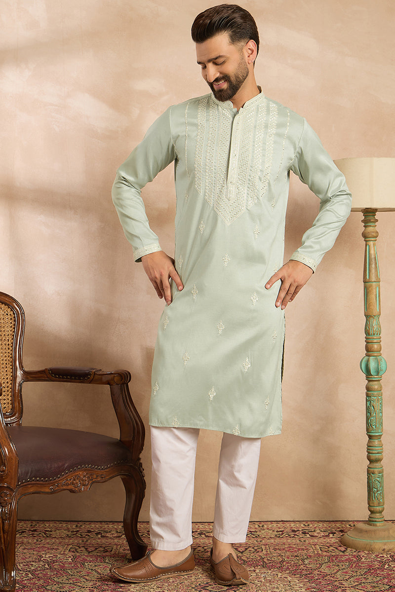 Green Silk Blend Geometric Embroidered Straight Kurta With Trouser