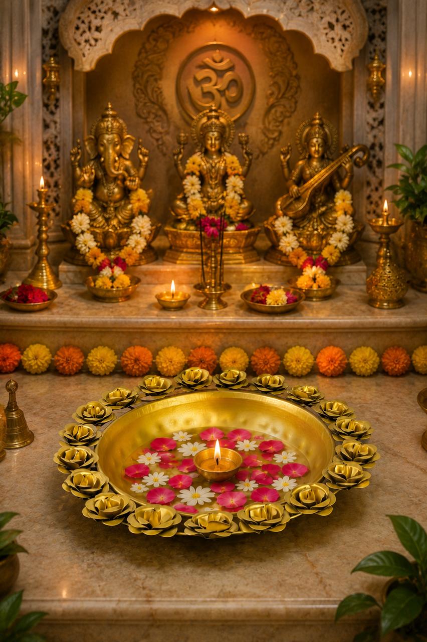 premium metal urli bowl with rose diya holders decorative floating flower urli for water candles tea lights traditional pooja urli for diwali home decor wedding festive decoration